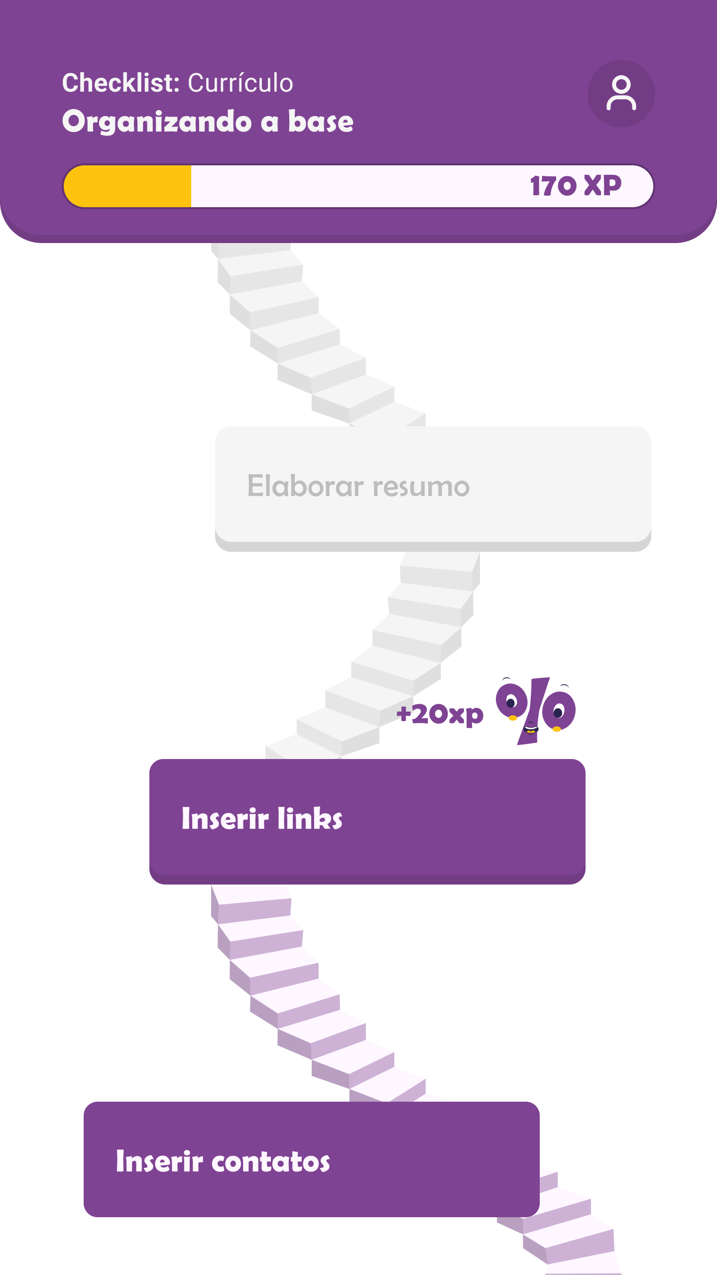 Tela de checklist com XP