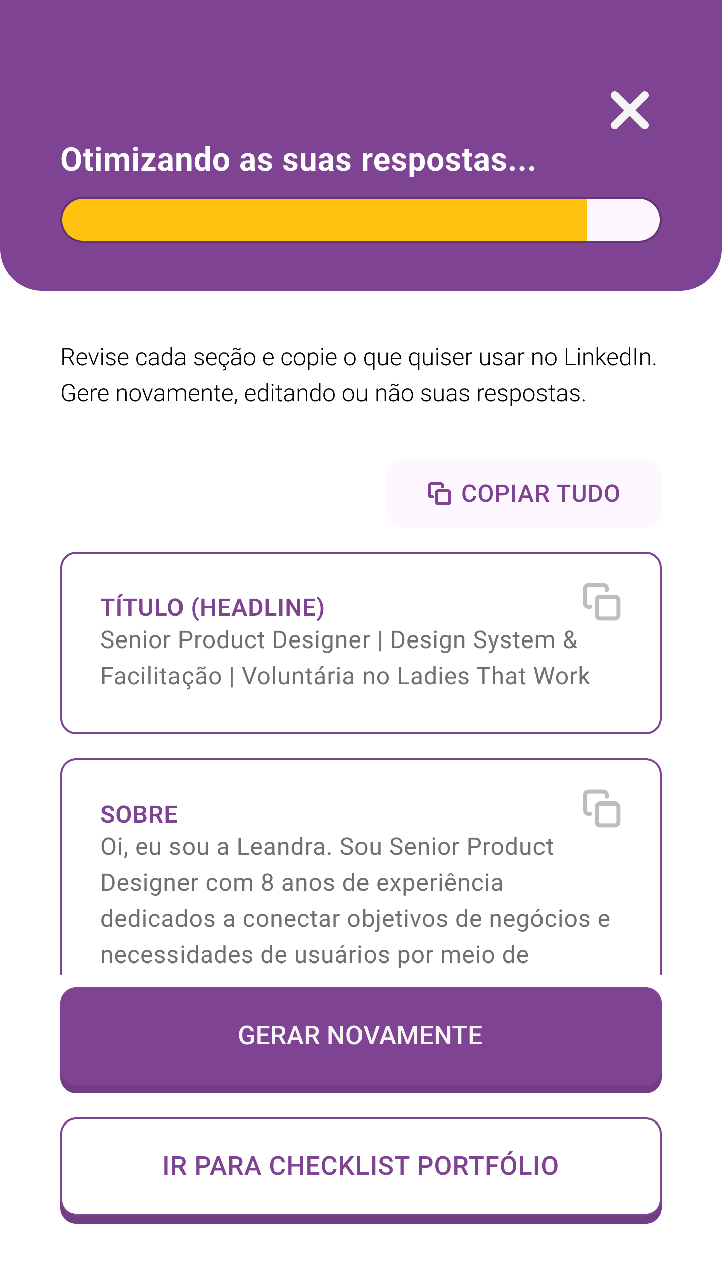 Tela de respostas otimizadas