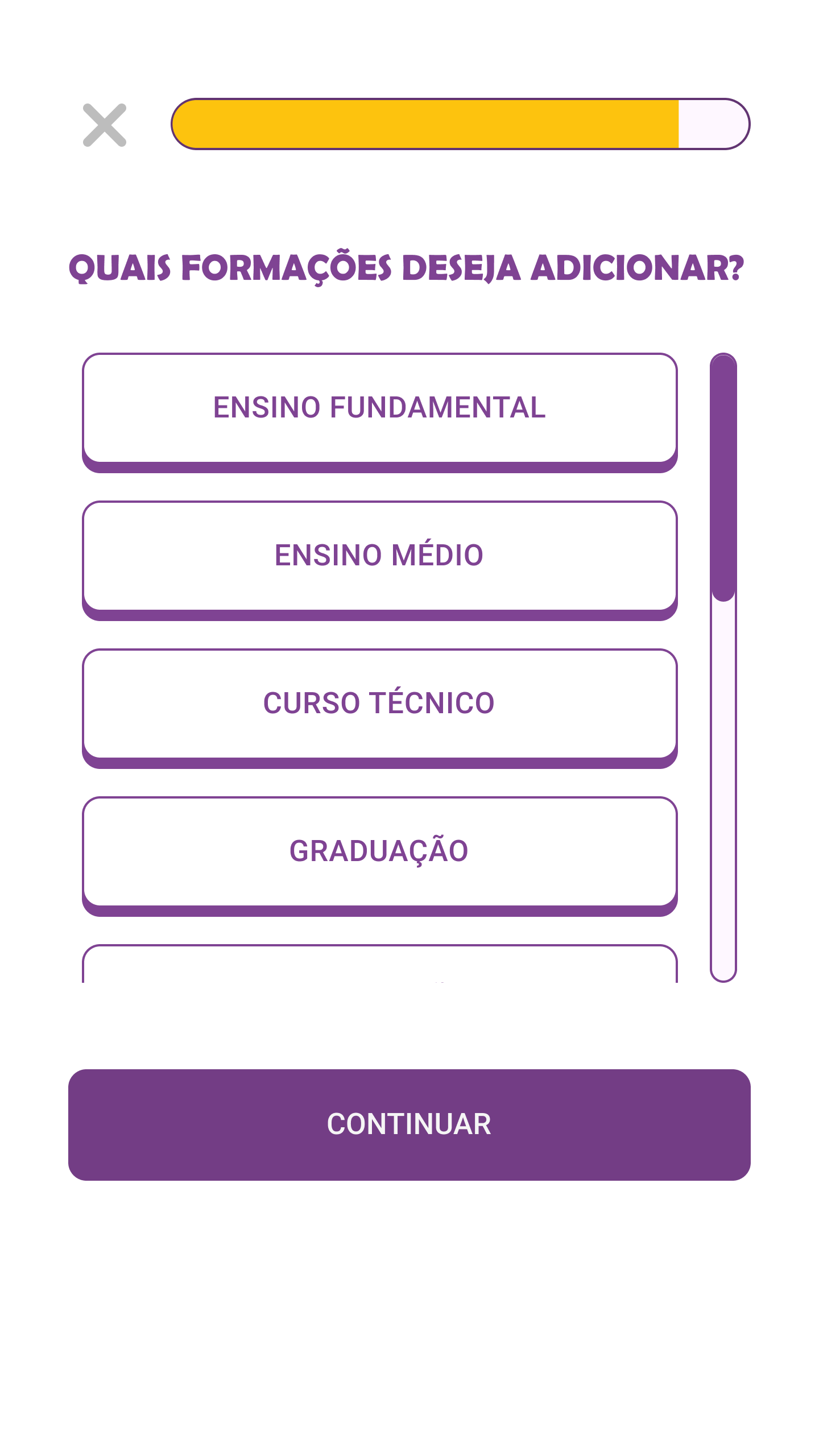 Tela de seleção de formações