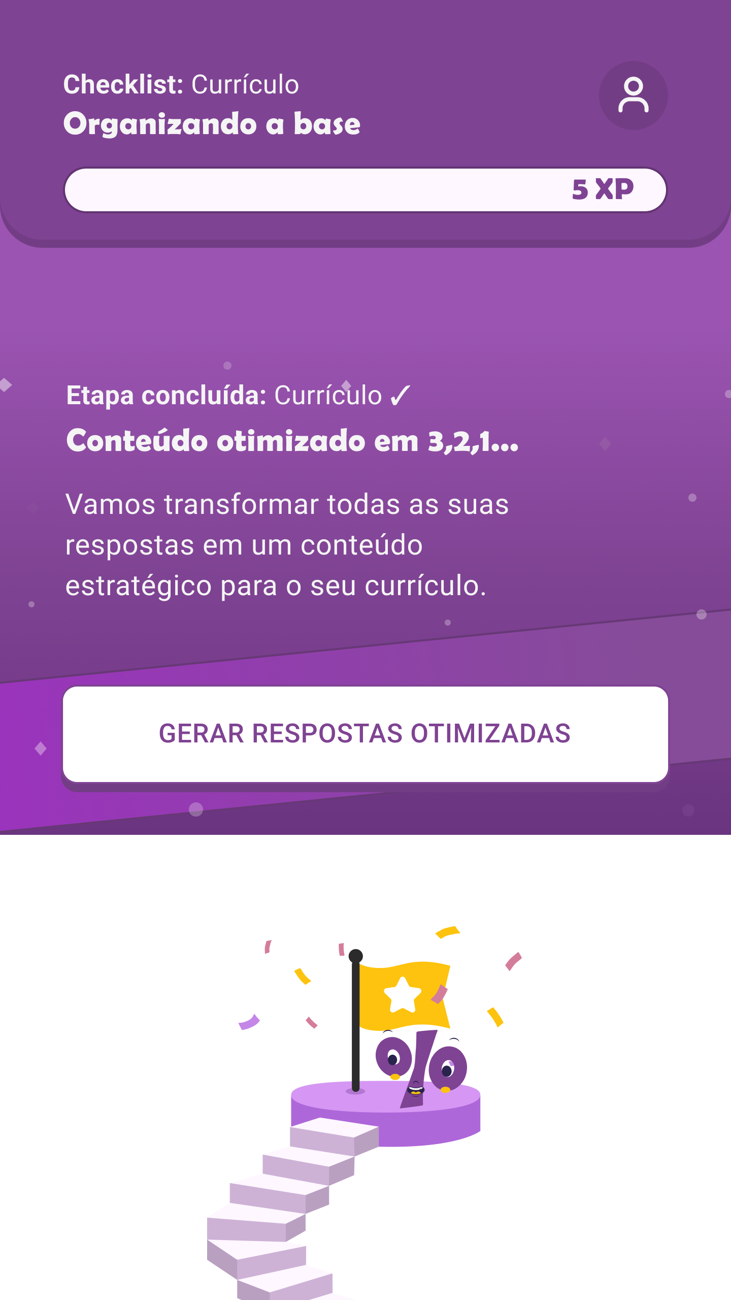 Tela de etapa concluída com o mascote