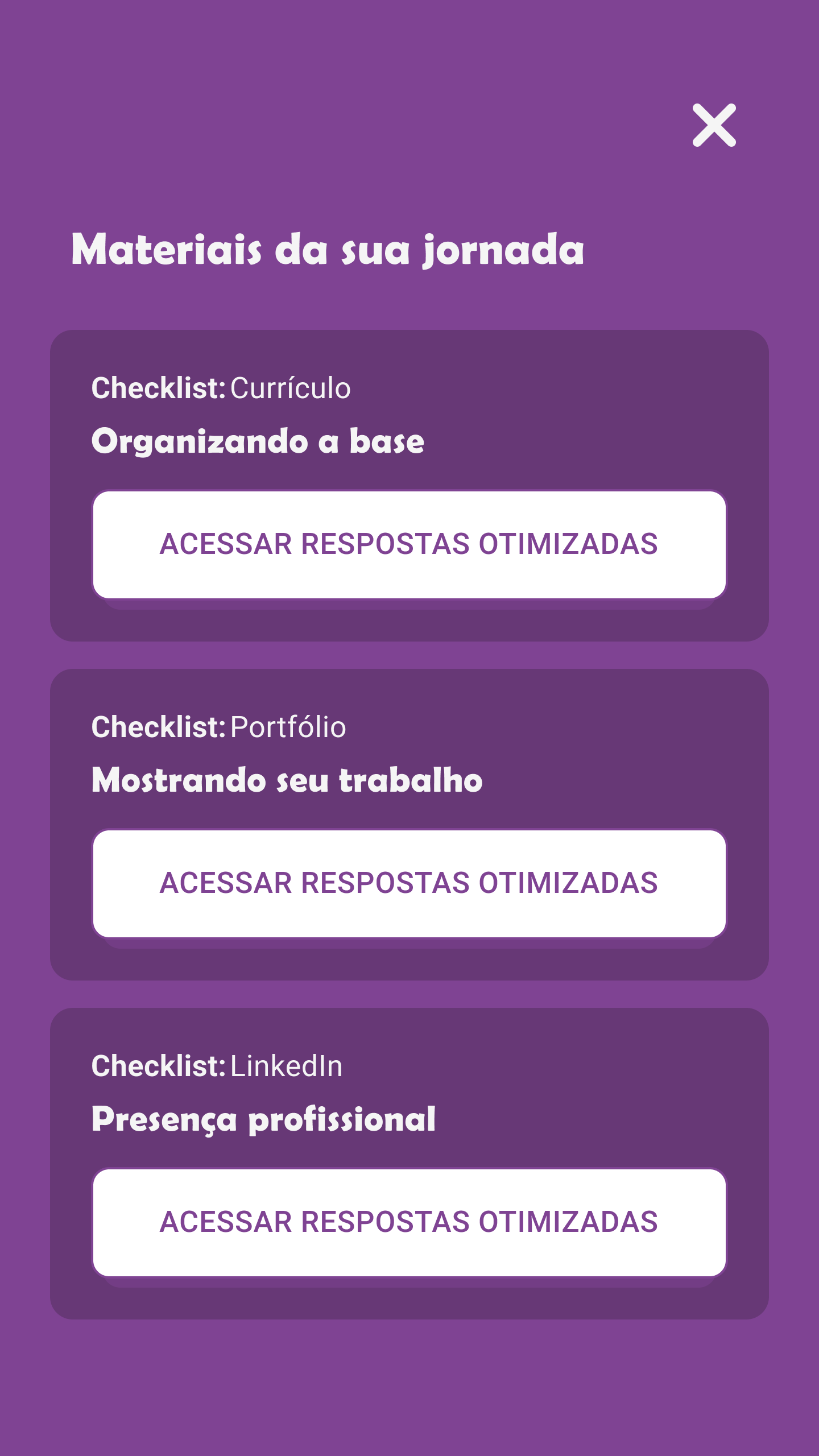 Tela de materiais da jornada